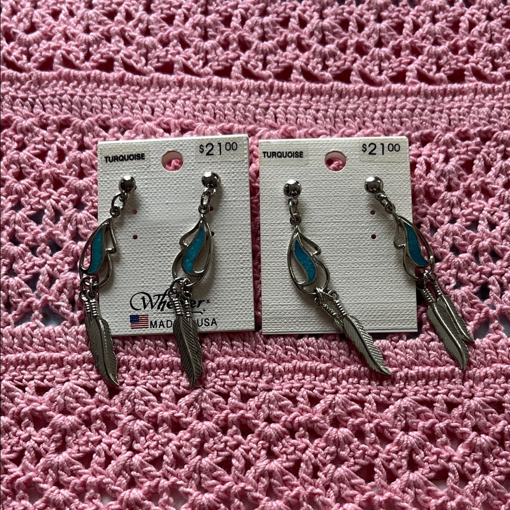 Turquoise Feather Dangle Earrings - Silver Tone